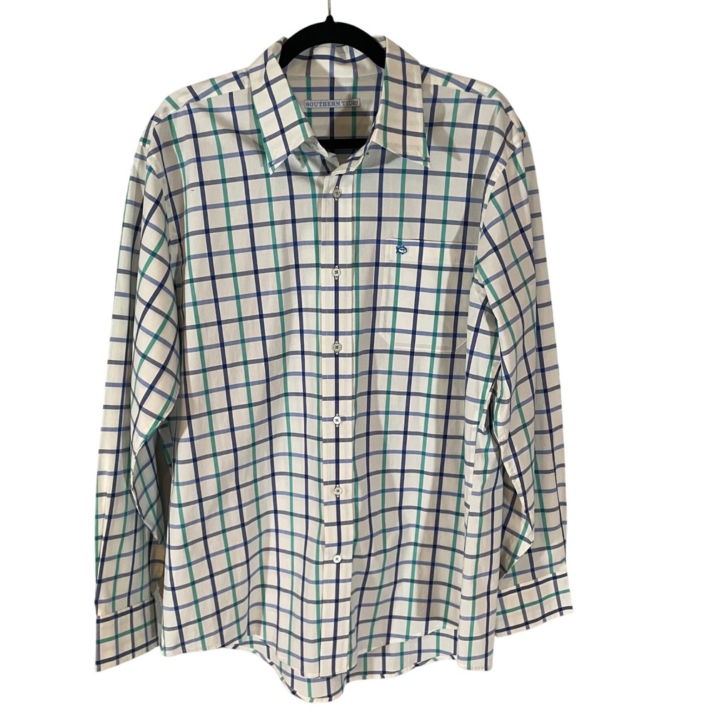 Southern Tide Mens Large Blue Green Check Long Sleeve Button Down Skipjack Shirt